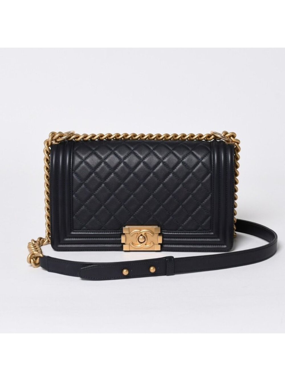 Chanel Boy 25 Chain Shoulder Bag CC Logo Lambskin Navy